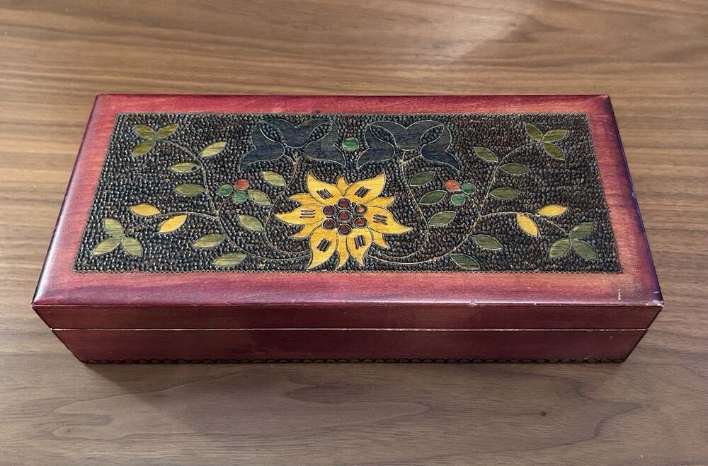Vintage Polish Folk Art Hand Carved Wooden Jewelry Box Yellow Floral Etching
